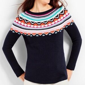Talbots Navy Crewneck Sweater with Multicolor Fair Isle Yoke